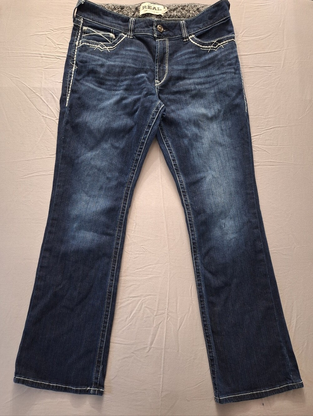 Ariat R.E.A.L. Dark Blue Thick Stitch Womens Bootcut Rodeo Cowgirl Jeans 32R EUC